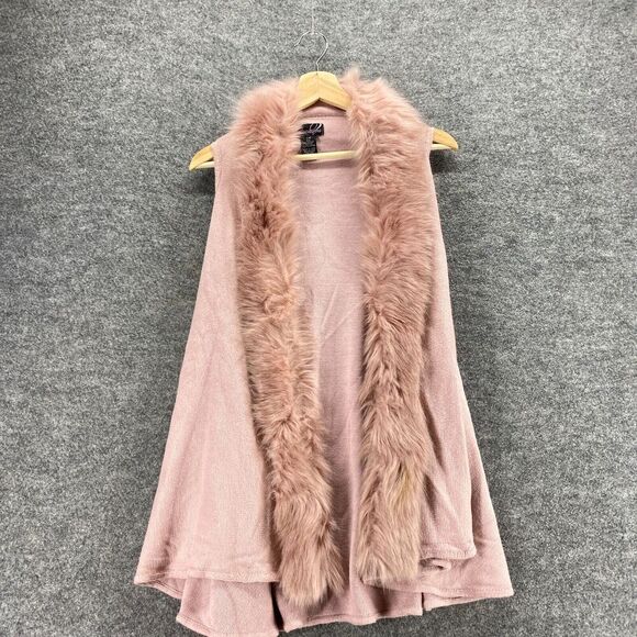 Questions Vest Women S/M Pink Knit Open Front Sleeveless Fur Trim Casual Solid - Picture 3 of 10